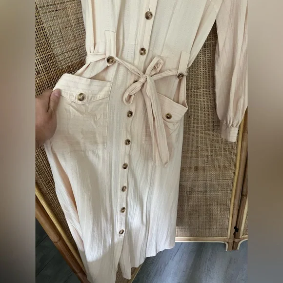 FRNCH Buttonfront Cream Midi Long Sleeve Dress - Picture 4 of 7